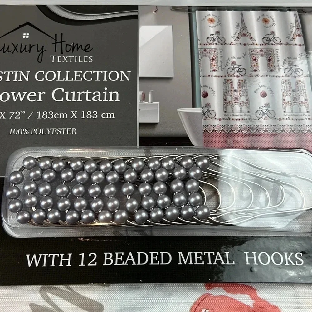 Luxury Home Paris‎ Print Shower Curtain With 12 Beaded Metal Hooks Brand New